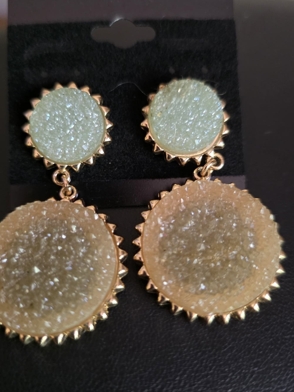 Gold-Tone Green Druzy Drop Earrings. Textured